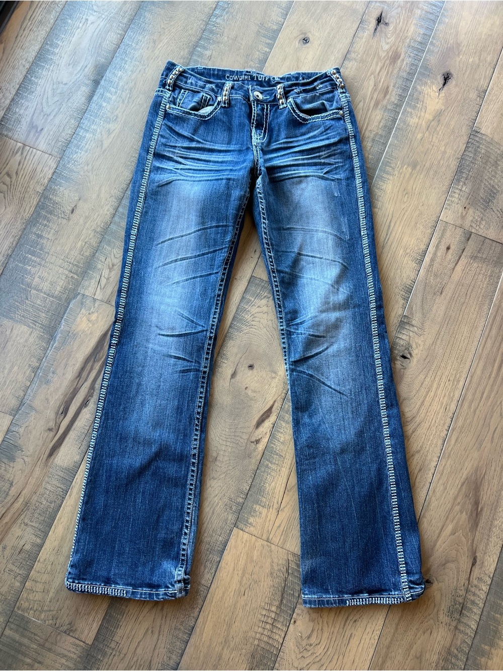 Cowgirl Tuff Women's Blue Boot Cut Jeans with Baby Blue Side Stitch Trim